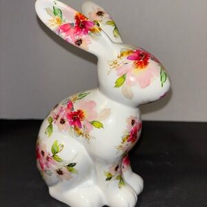 Floral Ceramic Bunny Figurine - White with Pink Flower Accents